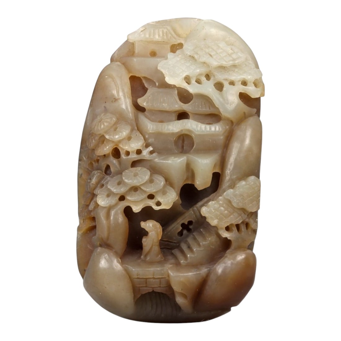 A Chinese Nephrite Jade Openwork Landscape Plaque, 20th Century, 49FB: Carved from pale beige to light brown Hetian nephrite with areas of natural translucency and darker inclusions, the plaque is worked in deep openwork relief depicting a stylized landscape scene. The c