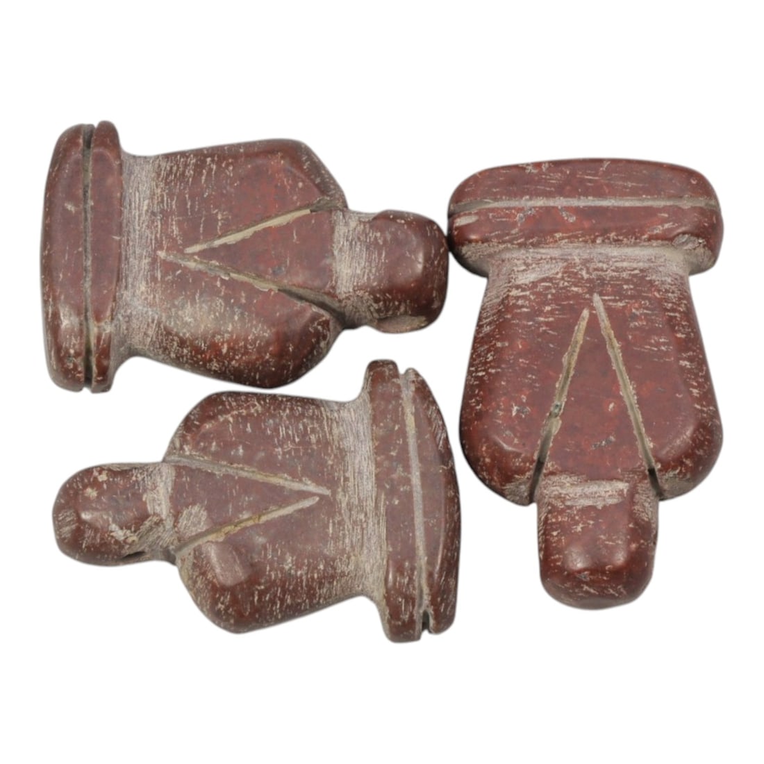 Lot of 3 Ancient Coptic Egyptian Red Stone Hand Amulets, Circa Roman to Coptic Era, 78WL: Three stylized hand amulets carved from red stone, characteristic of protective symbolism in Roman to Coptic period Egypt. Each example is rendered in the form of a closed fist or stylized hand, with 