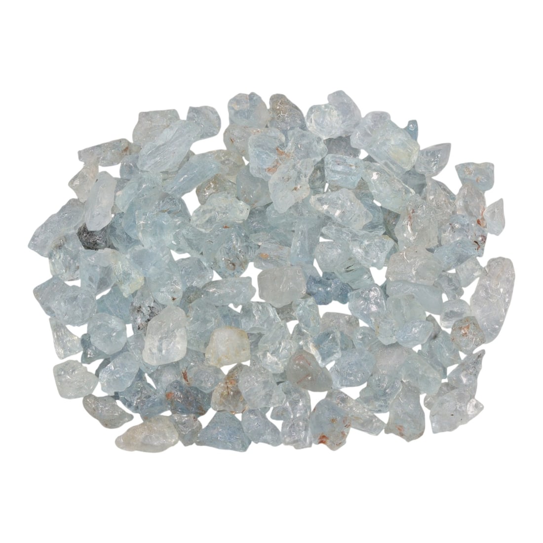142.43 Carats Natural Aquamarine Rough Parcel, 44XE: This luminous parcel of natural aquamarine rough showcases the classic soft sky-blue hue the gem is known for, ranging from pale, translucent tones to deeper, more saturated blues. The stones are in t