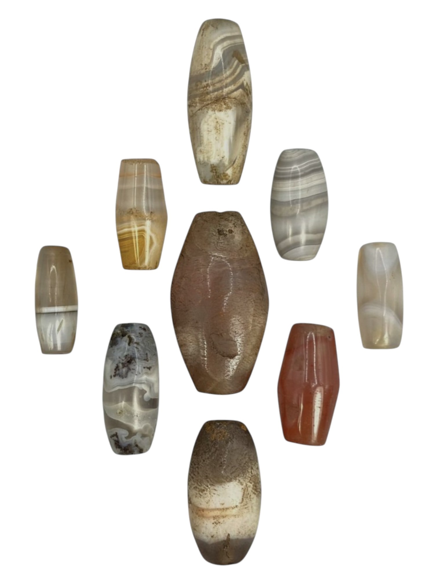 Lot of 9 Himalayan Banded Agate Beads, Ancient to Antique Period, 47WT: A group of nine beads crafted from banded agate, showcasing natural hues including translucent grey, amber, white, reddish-brown, and earthy patinated tones, with characteristic concentric, wavy, and 
