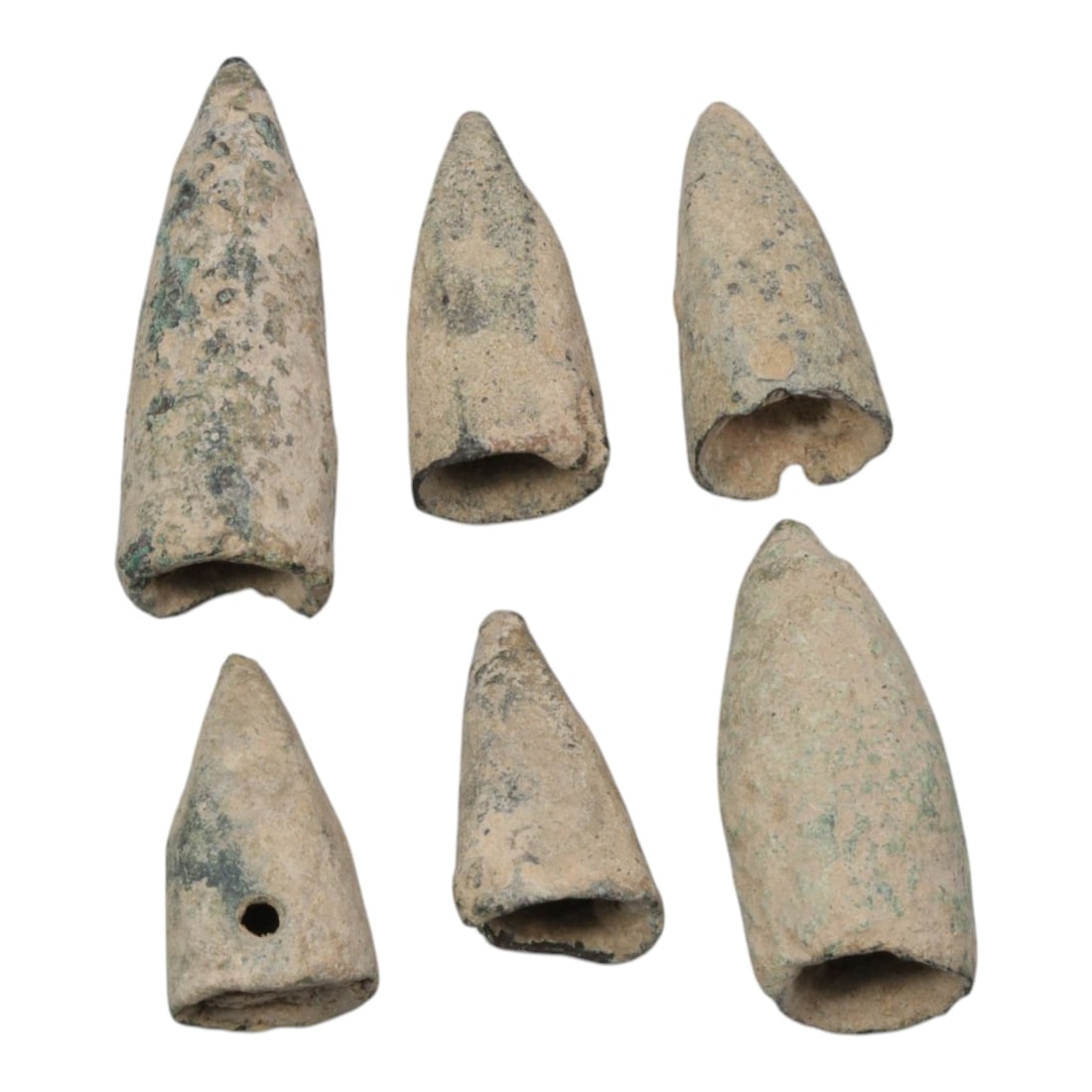 Lot of 6 Ancient Bronze Arrowheads, 73AH: A collection of six ancient bronze arrowheads, dating to the Bronze Age to Iron Age period (c. 2nd-1st millennium BCE). Each arrowhead features a simple conical or socketed design with a pointed tip a