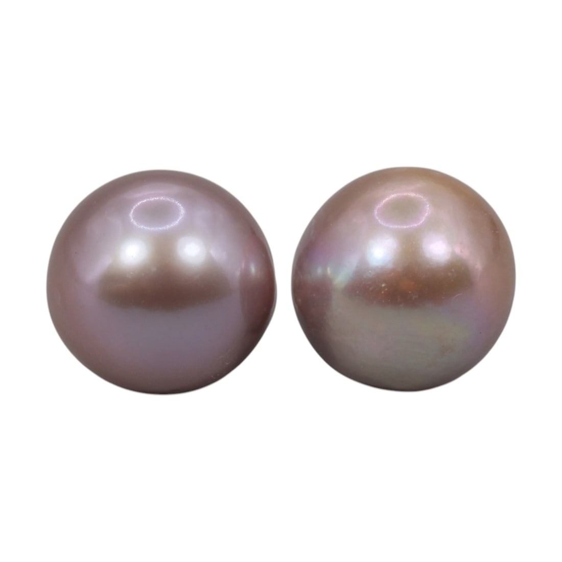 Freshwater Pearl Pair - Natural Pearl Lavender Round Gemstones 10.8mm, 33XA: A matched pair of natural freshwater pearls, displaying a rich lavender-pink body tone with fine, iridescent luster and visible orient. The pearls are near-spherical, with smooth nacre and minor natur