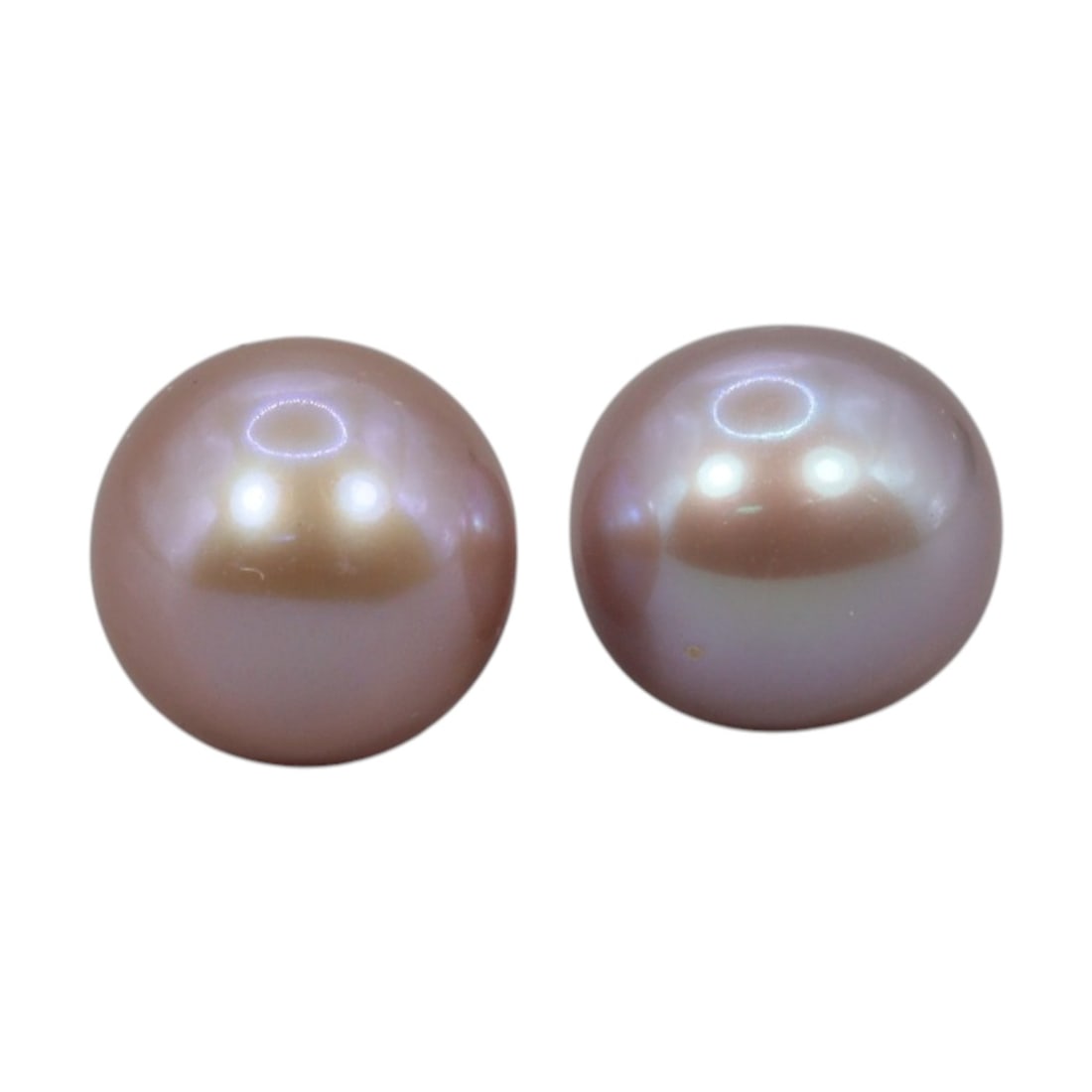Freshwater Pearl Pair - Natural Pearl Pink Round Gemstones 7.8mm, 40XA: A matched pair of natural freshwater pearls, exhibiting a soft pinkish-lavender hue with bright, uniform luster and subtle iridescent orient. The pearls are near-spherical, with smooth nacre and only 