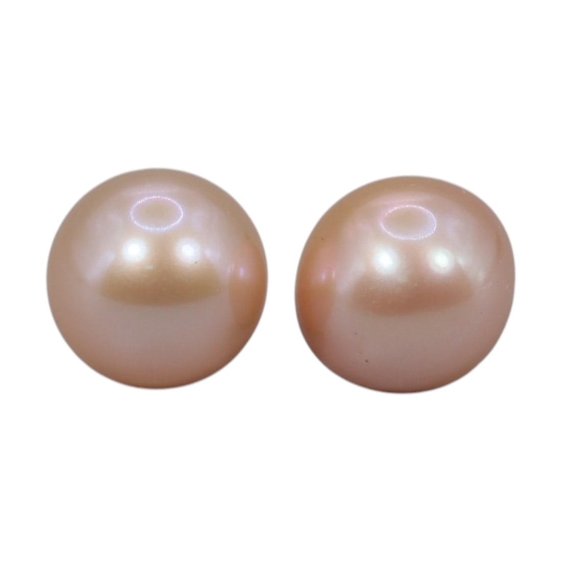 Freshwater Pearl Pair - Natural Pearl Peach Round Gemstones 8.1mm, 45XA: A matched pair of natural freshwater pearls, exhibiting a soft peach-pink hue with bright, uniform luster and subtle iridescent orient. The pearls are near-spherical, with smooth nacre and minor natur