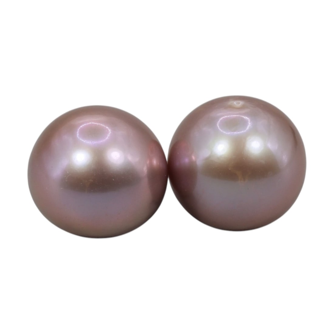 Freshwater Pearl Pair - Natural Pearl Pink Round Gemstones 11.9mm, 31XA: A matched pair of natural freshwater pearls, displaying a soft pinkish-lavender hue with high, even luster and visible orient. The pearls are near-spherical, with smooth, well-formed nacre and only mi
