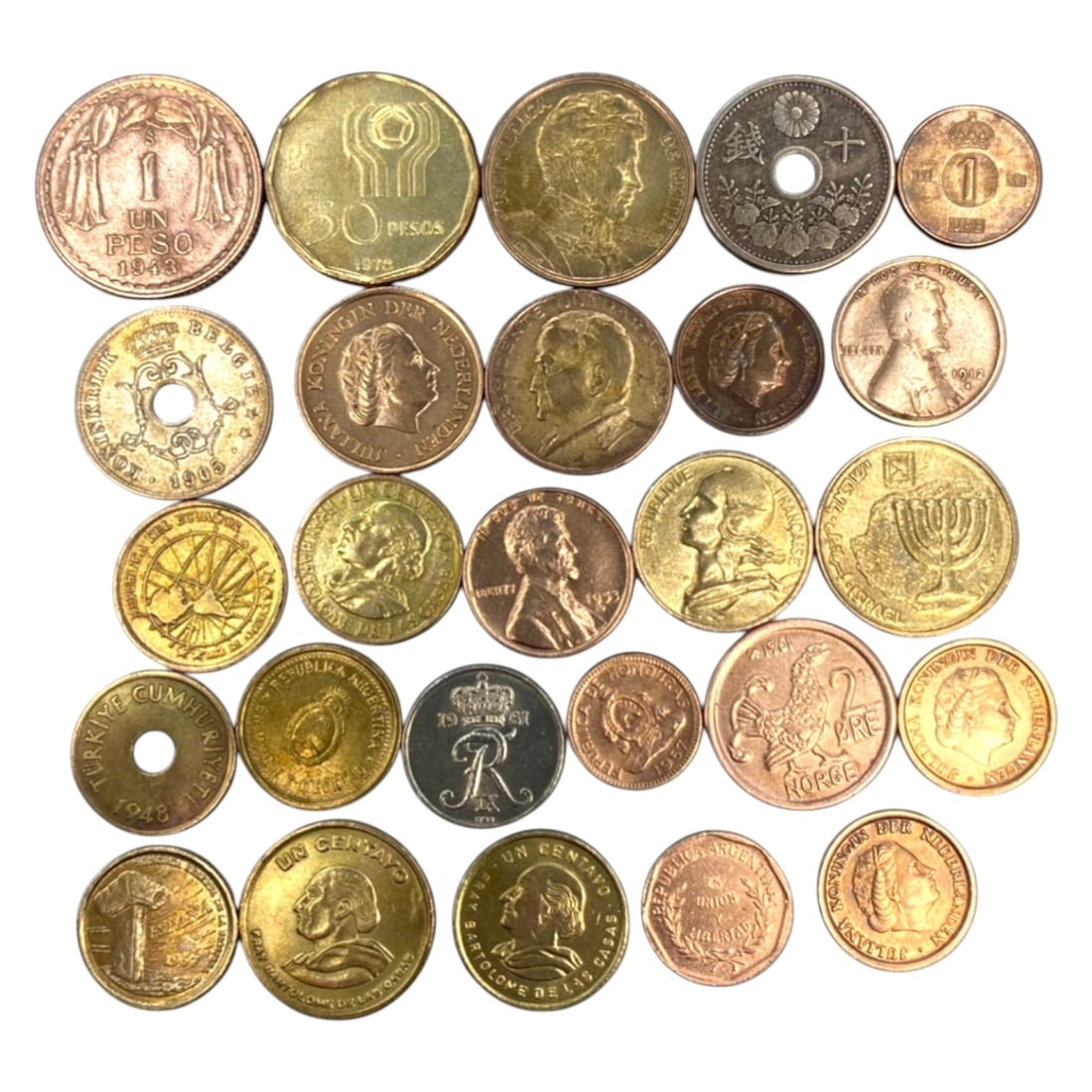 GLOBAL: Cultural Heritage & Historical Continuity - 26-Piece Coins Set, 1905-1999, 15-25mm, 11ZJ: This curated 26-Piece Coins Set spans nearly a century of global numismatic history, featuring coins from Argentina, Japan, Belgium, Norway, Denmark, Peru, the United States, and other nations, rangin