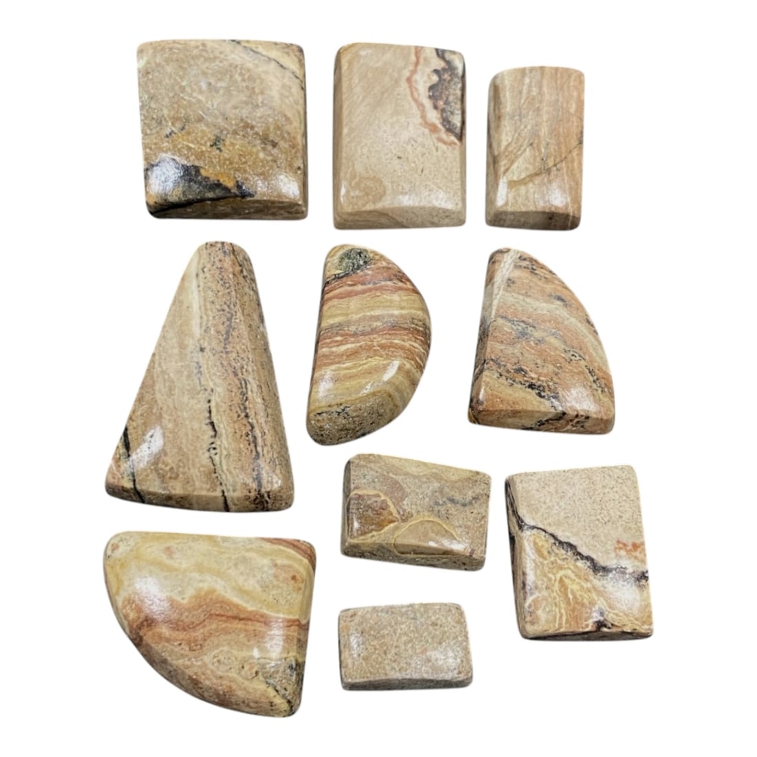 129.35 Carats Earthy Banded Jasper Cabochon Parcel - Natural Brazilian Stones 1.2-2.7cm, 70ZJ: This curated parcel of banded jasper cabochons showcases the earthy, organic beauty of this ancient stone, with swirling bands of warm beige, terracotta, and deep charcoal that evoke desert landscapes