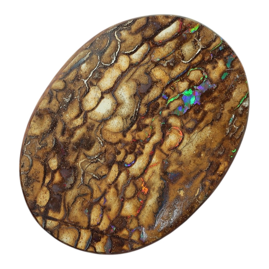 2.34 Carats Brown Matrix Multicolor Koroit Yowah Opal Cabochon - Natural Australian Stone, 23XM: This singular Koroit Yowah opal cabochon presents a striking natural tableau, with a rich brown ironstone matrix interwoven with delicate veins and flecks of iridescent opal. The stone's oval form sho