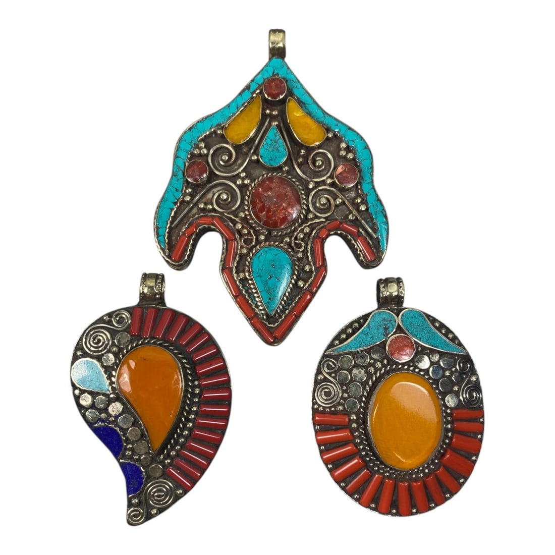 Lot of 3 Vintage Himalayan Silver-Plated Multi-Stone Inlay Pendants, 6AH: A set of three handcrafted vintage pendants, measuring approximately 6.5-9 cm in length, showcasing traditional Himalayan jewelry design. Each piece features a silver-plated metal base adorned with el