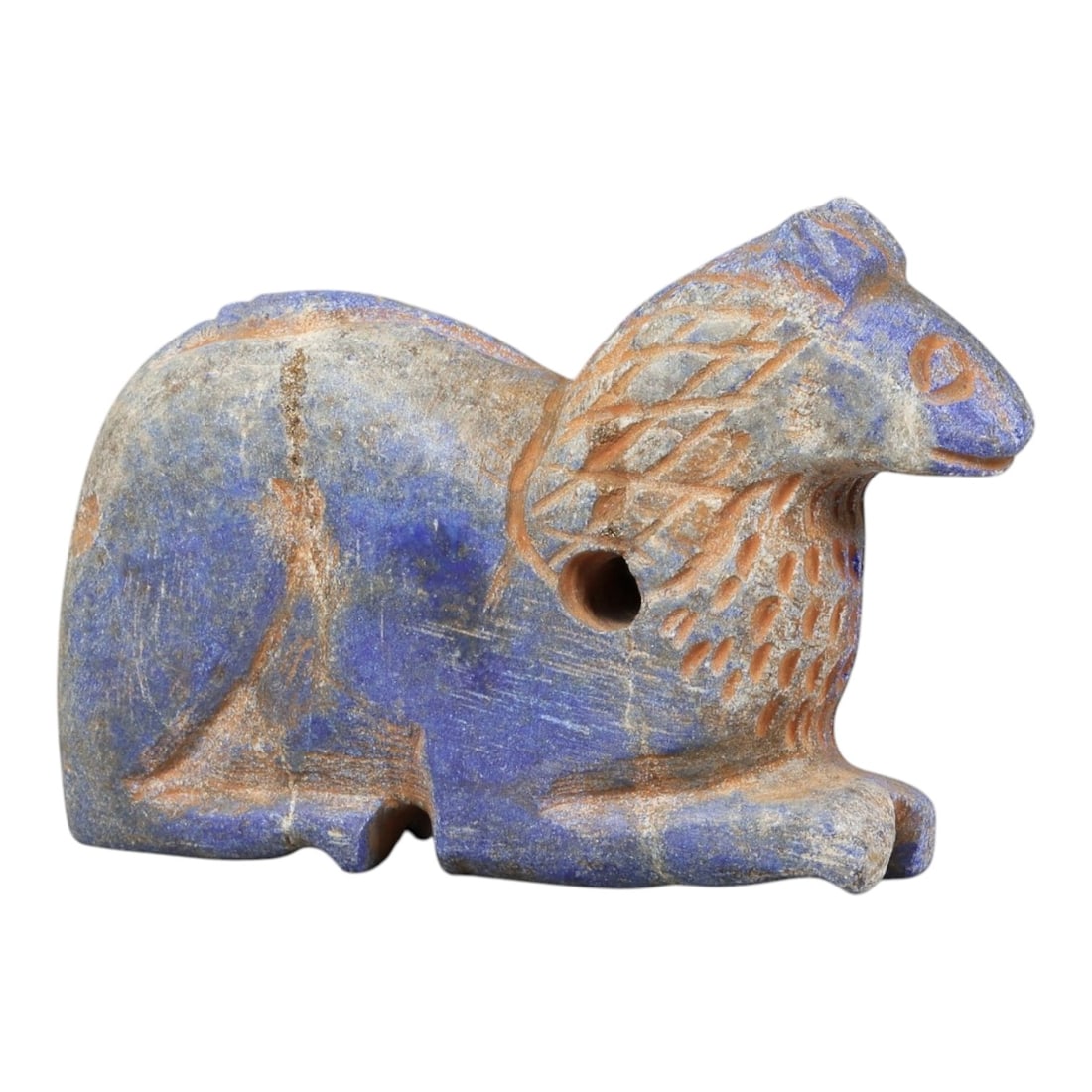 Near Eastern Lapis Lazuli Plaque - Tribal Art Zoomorphic Amulet Figurine, 65BF: Carved from solid lapis lazuli, this Near Eastern tribal art piece is shaped as a stylized zoomorphic amulet figurine, executed with detailed tribal craftsmanship. The figure is rendered in a crouched