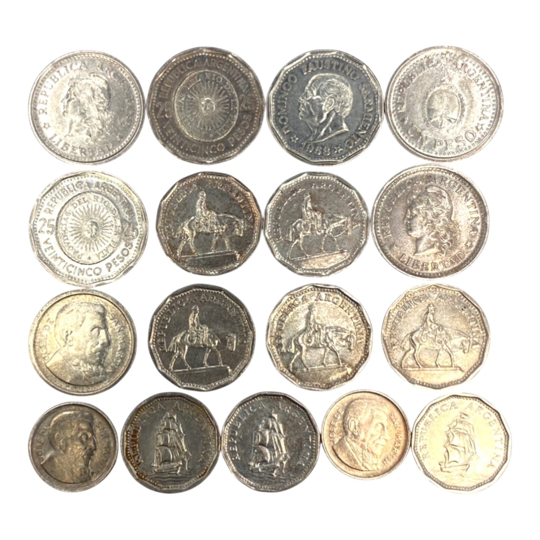 ARGENTINA: 20th-Century Economic & Political 17-Piece Coins Set, 1954-1969, 19-26mm, 54ZJ: This comprehensive 17-Piece Coins Set of Argentine coins, minted between 1954 and 1969, encapsulates a turbulent era of economic upheaval and political transition. Ranging from 19 to 26mm in diameter,