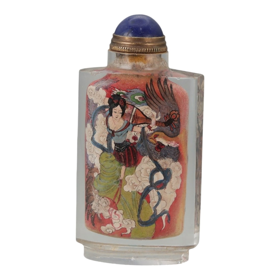 A Chinese Crystal Glass Inside-Painted Snuff Bottle, 20th Century, 59FG: The snuff bottle is formed from clear crystal glass and of flattened rectangular section, rising from a narrow recessed foot to a short cylindrical neck with a flat rim. The interior is finely painted