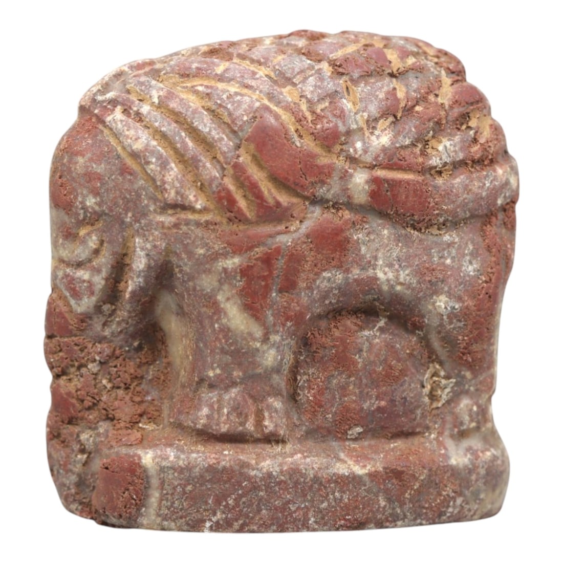 Ancient Jasper Elephant Effigy - Indus Valley Figurine, 29ZR: This artifact is a carved jasper elephant effigy, executed in the stylized zoomorphic tradition of the ancient Indus Valley civilization. The effigy depicts a compact, robust elephant form with incise