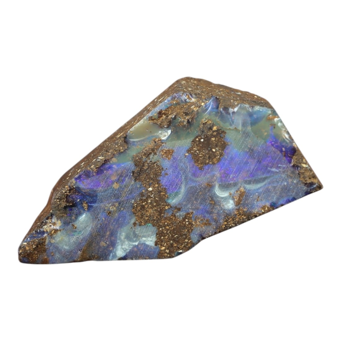 38.35 Carats Winton Boulder Opal Rough Specimen - Natural Queensland Origin, LZ92: This striking Winton boulder opal rough showcases the dramatic beauty of Australian boulder opal. The polished face reveals a broad sheet of opal glowing with shifting hues of deep cobalt blue, electr