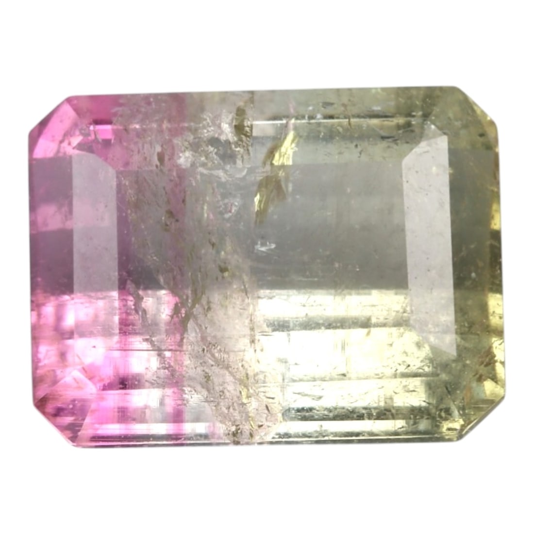 2.88 Carats Certified Bi-Color Pink Yellow Brazilian Tourmaline - 9.5x7.4mm, 66XK: This striking bi-color tourmaline presents a refined transition from soft rose pink to pale golden yellow, creating a clear and attractive color zoning across the stone. The emerald cut emphasizes thi