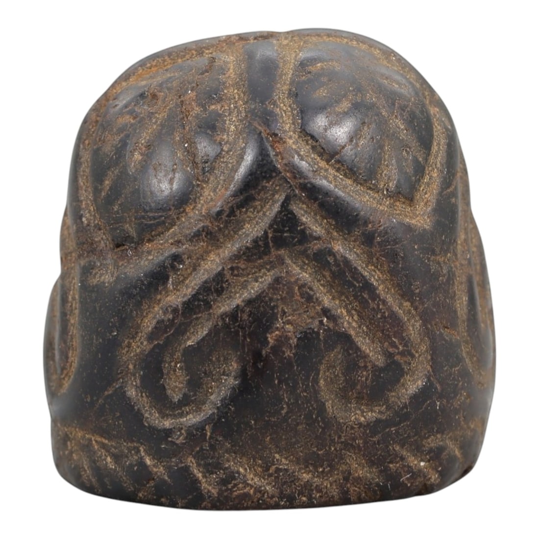 Ancient Stone Weight - Near Eastern Carved Relic, 93AL: This compact stone weight is carved from dark, dense stone, featuring incised curvilinear and geometric motifs across its domed surface, executed in a simple relief style consistent with ancient Near 