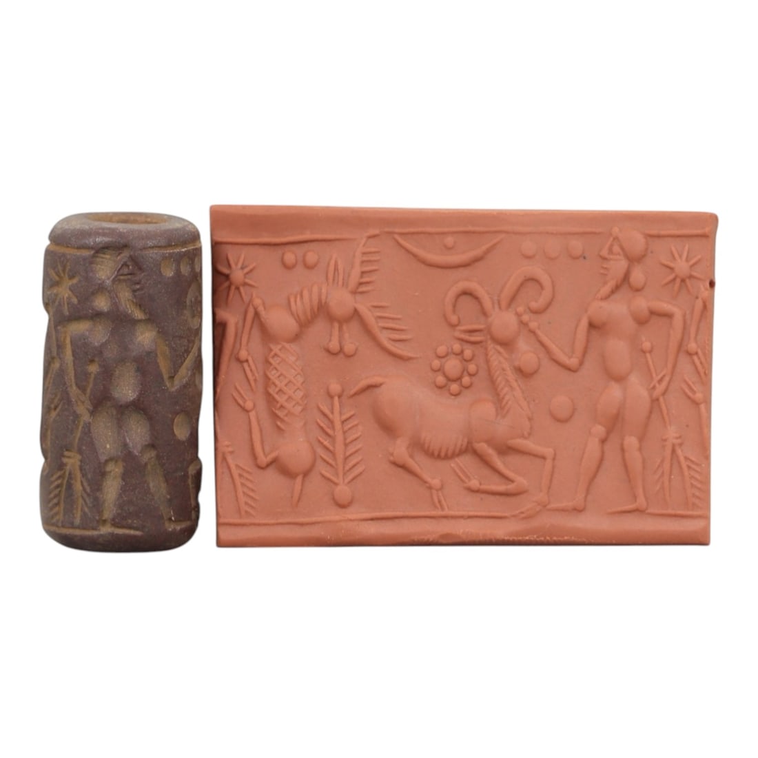Ancient Steatite Cylinder Seal - Mesopotamian Ibex Scene, 23ZP: Carved from steatite with a rich, earthy patina, this ancient Mesopotamian cylinder seal features a finely rendered ibex and figural scene, executed with precise glyptic craftsmanship typical of Mesop