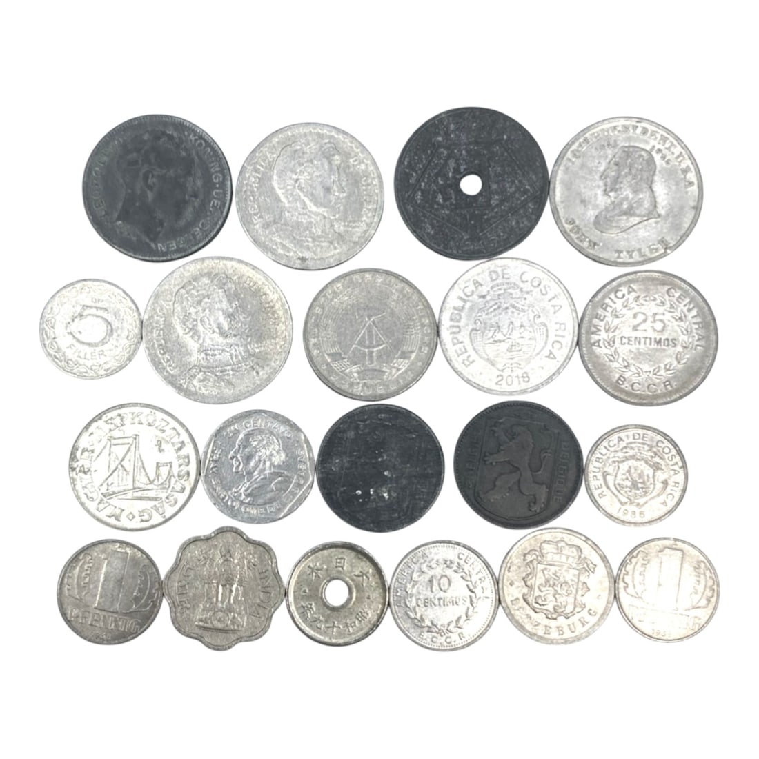 GLOBAL: Mid-20th to 21st Century Circulation Coins - 20-Piece Coins Set, 17-25mm, 58ZJ: This curated 20-Piece Coins Set spans the mid-20th to 21st centuries, featuring coins from Denmark, Belgium, Costa Rica, Hungary, Japan, Germany, and other nations, with diameters ranging from 17 to 2