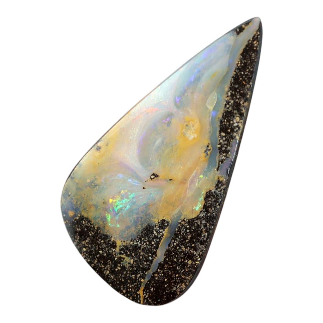 10.84 Carats Iridescent Multicolor Boulder Opal - Natural Australian Stone, 52XM: This substantial boulder opal dazzles with a dynamic play of color, shifting through ethereal blues, violets, and subtle flashes of iridescent green and pink as light moves across its elongated, taper