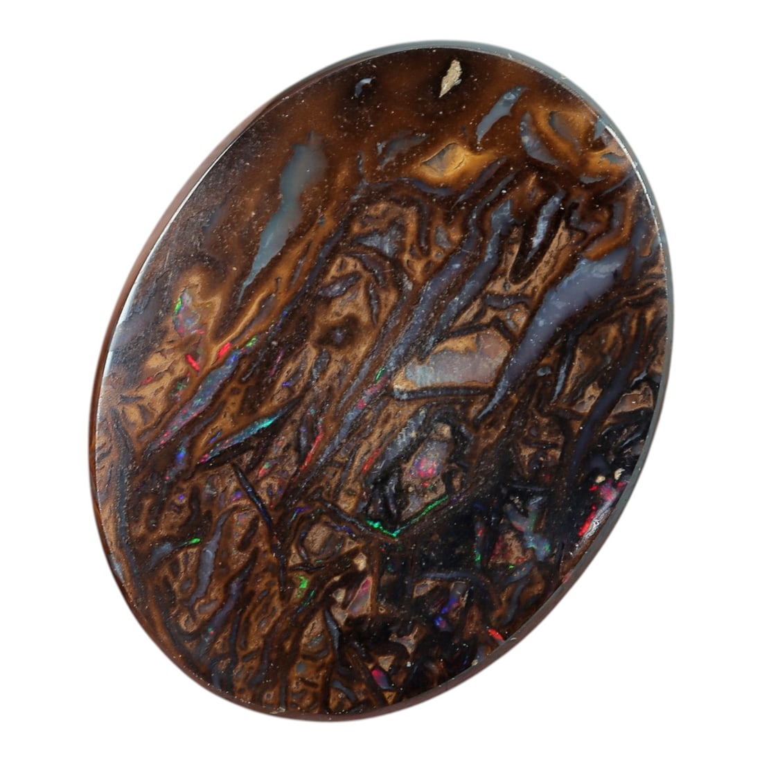 5.24 Carats Koroit Yowah Opal Cabochon - Natural Australian Single Stone, 73XL: This substantial Koroit Yowah opal cabochon, measuring 13.7x10.5mm, features a dense, textured ironstone matrix in layered tones of deep chocolate brown, warm tan, and jet black. The stone's internal 