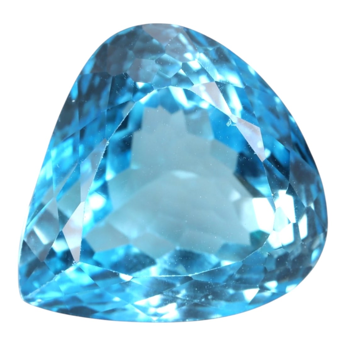 42.01 Carats Swiss Blue Topaz Trillion - Natural Brazilian Stone, LZ106: This bold trillion-cut Swiss blue topaz commands attention with its vivid, saturated sky-blue hue and crisp geometric silhouette. The expertly faceted cut features precisely angled surfaces that captu