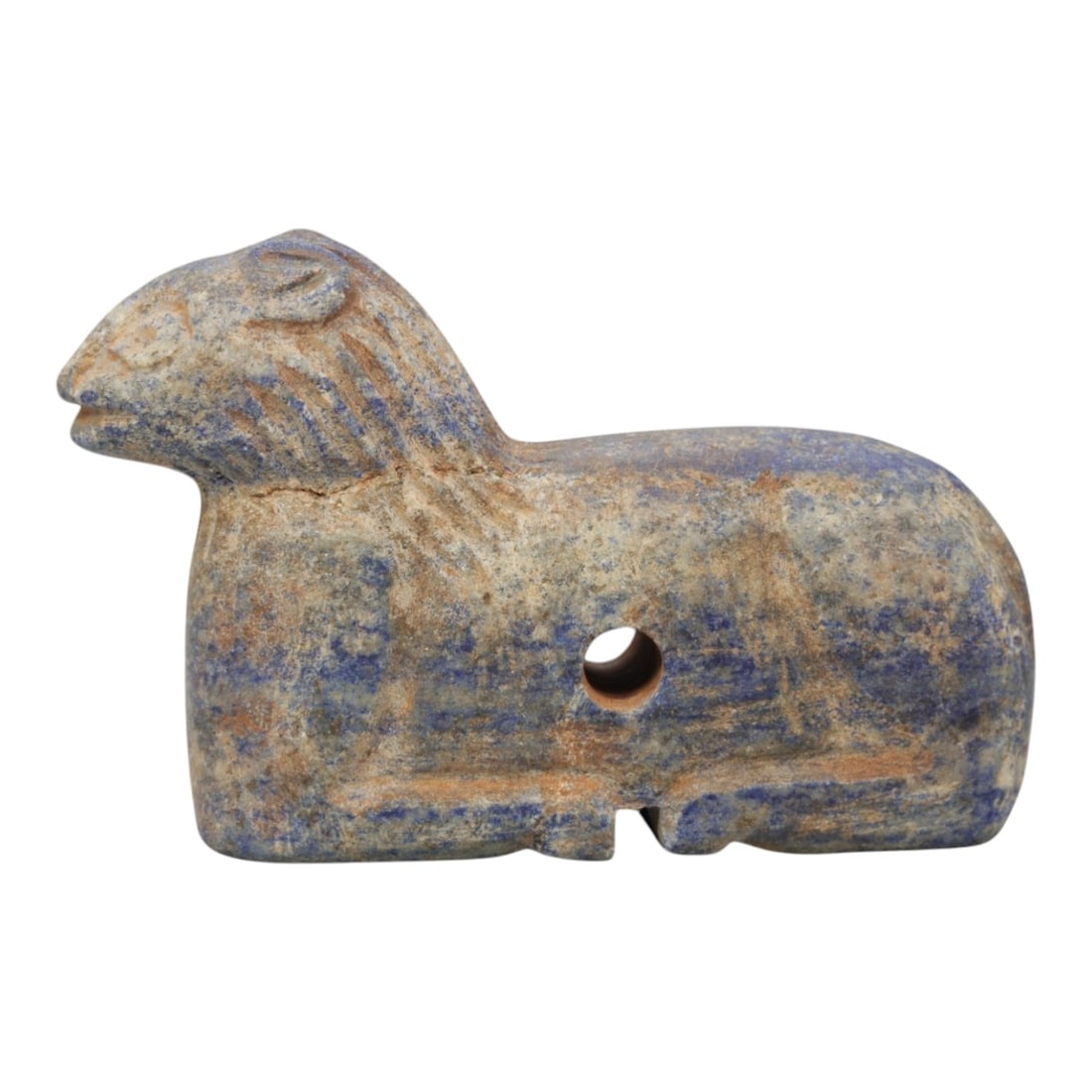 Ancient Lapis Lazuli Feline Amulet - Near Eastern Figurine, 61ZQ: Carved from deep blue lapis lazuli, this feline amulet features a stylized recumbent form with incised detailing for facial features and body texture. The stone exhibits natural pyrite inclusions and 