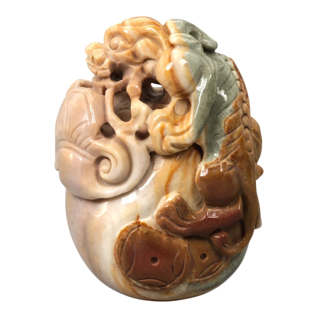 A Chinese Hardstone Mythical Beast Carving, 20th Century, 31FC: Carved from variegated hardstone with cream, russet, and pale green tones, the object is worked as a compact sculptural composition representing a mythical beast in the round. The creature is shown cr