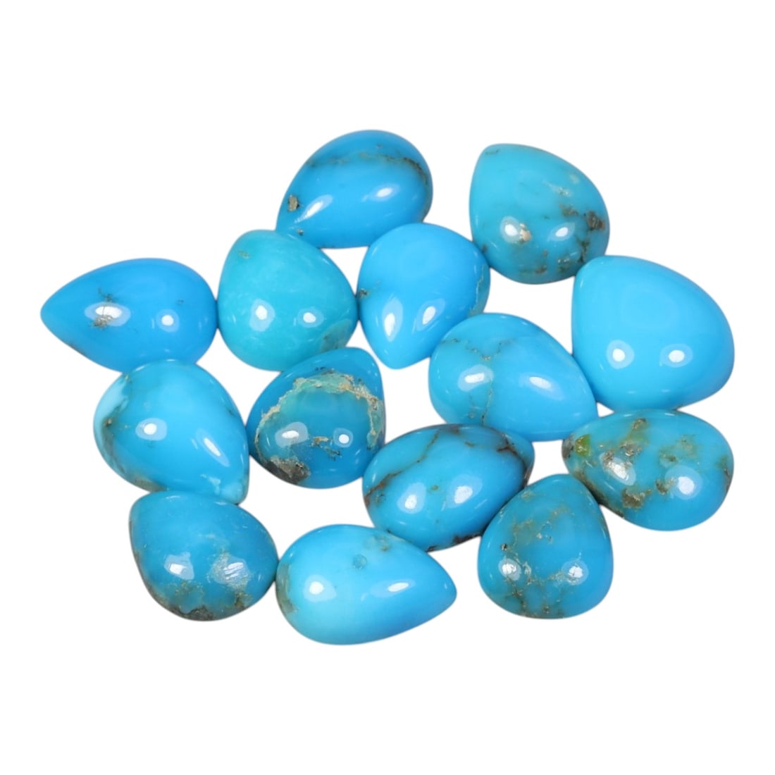 13.11 Carats Natural Turquoise - Pear Cabochon Gemstone, 12XB: Pear cabochon-cut turquoise gemstone, crafted from natural turquoise material. The stone displays a vibrant sky-blue to turquoise hue, with natural matrix inclusions and subtle veining characteristic 