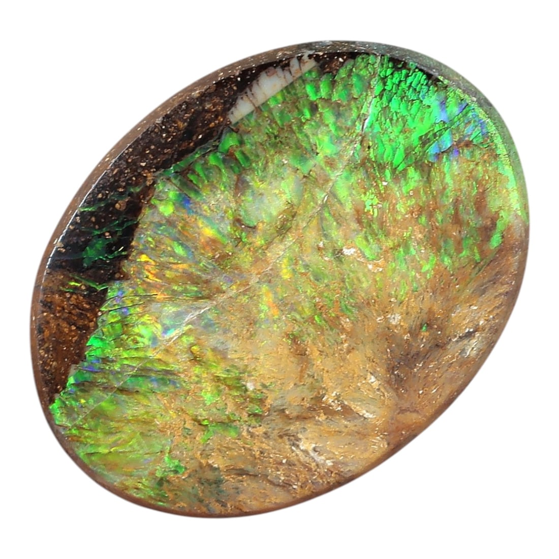 1.40 Carats Forest Green Vegetation Boulder Opal - Natural Australian Stone, LZ42: This extraordinary 1.40 carat vegetation boulder opal, measuring 9.7mm x 7.4mm x 2.5mm, is a breathtaking example of nature's artistry. Polished into a smooth oval cabochon, its face reveals a stunnin
