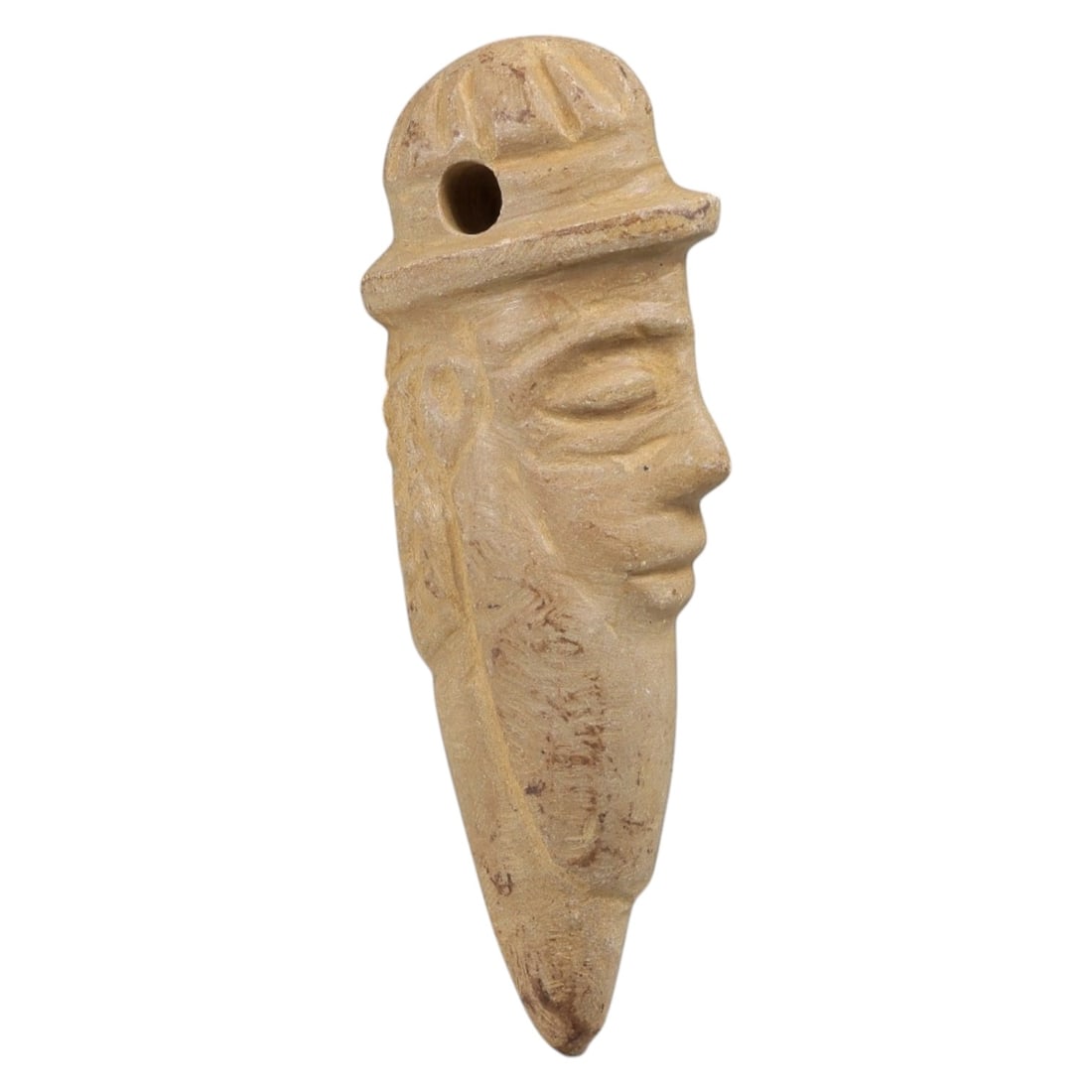 Ancient Stone Human Head Amulet - Near Eastern Carved Pendant, 51BA: Carved from light-colored hardstone, this amulet takes the form of a stylized human head in profile, rendered in three dimensions with detailed, naturalistic carving. The figure wears a patterned head