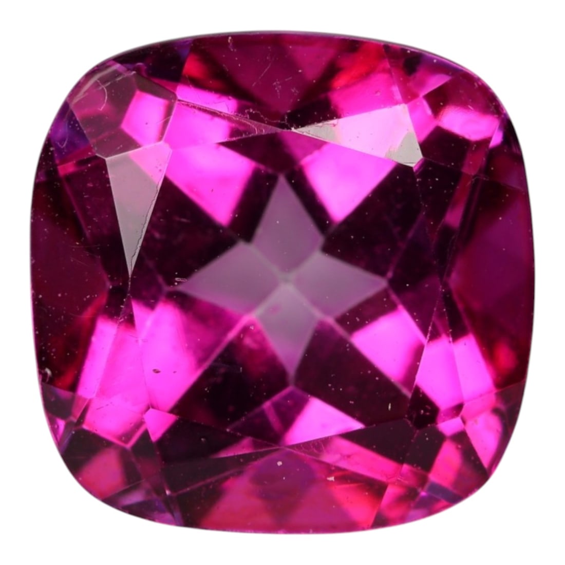 5.735 Carats Certified Deep Pink Purplish Topaz - Natural Brazilian Gemstone, LZ274: This substantial cushion fancy-cut topaz dazzles with a deep pink hue infused with rich purplish undertones, creating a vivid, saturated color profile that evokes the vibrancy of tropical blooms and t