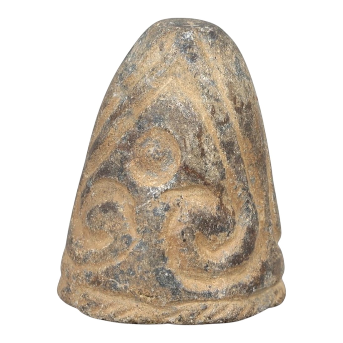 Ancient Stone Ritual Relic - Gandharan or Central Asian Stylized Motif, 63AM: This conical stone relic is carved from a dense, micaceous stone with a heavily weathered, multi-toned patina ranging from sandy beige to deep charcoal streaks. The form tapers from a rounded base to 