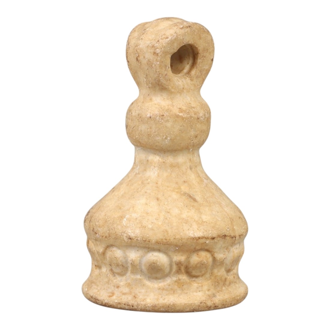 Ancient Stone Stamp Seal - Near Eastern Ritual Pendant, 95AL: This stamp seal is carved from pale beige stone with natural speckling and a weathered patina, featuring a tiered, bell-shaped form with a perforated suspension loop at the top. The lower edge is deco