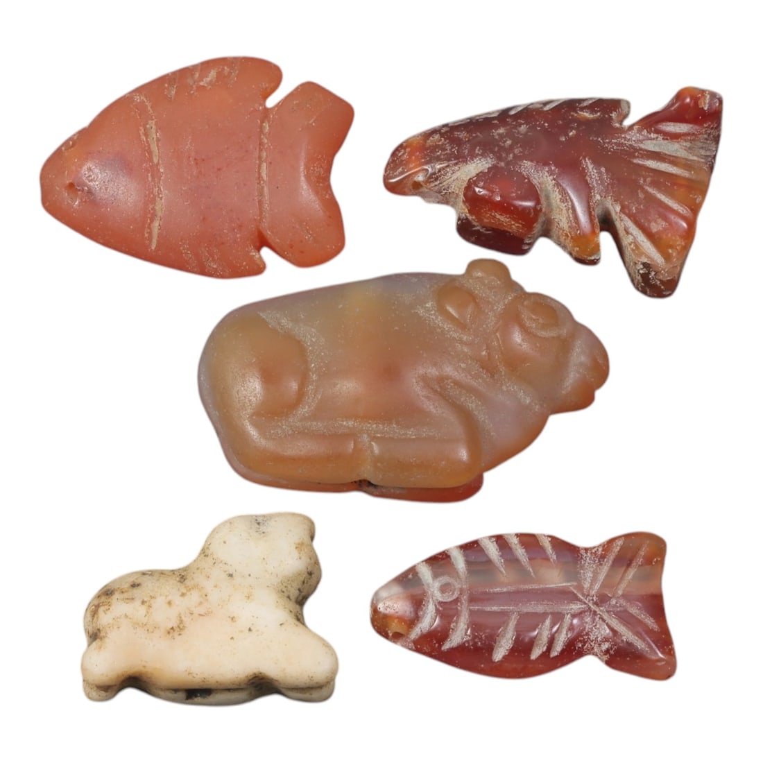 Lot of 5 Ancient Coptic Egyptian Carnelian Zoomorphic Amulets, c. Roman Period to Coptic Era, 79AD: Comprising five zoomorphic amulets ranging from 1.5 cm to 3 cm, this collection features pieces carved primarily from carnelian, with one example in light-colored stone. The designs include stylized f