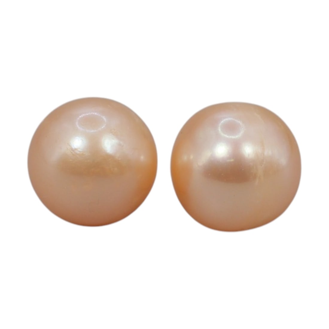 Freshwater Pearl Pair - Natural Pearl Peach Round Gemstones 7.2mm, 21XA: A matched pair of natural freshwater pearls, exhibiting a soft peach-gold hue with bright, even luster and subtle orient. The pearls are near-spherical, with smooth nacre and minor natural surface var