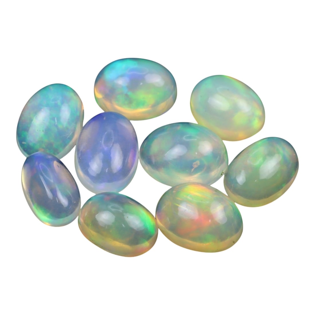 12.85 Carats Neon Play-of-Color Opal Selection - Natural Ethiopian Cabochons - 8 to 10 mm, 12XE: This luminous selection of opals radiates a dynamic spectrum of neon hues, with flashes of electric green, vivid orange, and spectral blue dancing across each dome. Their translucent base allows the i