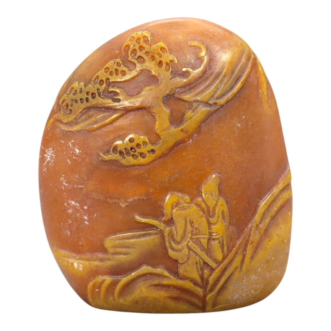 A Chinese Shoushan Stone Stamp Seal, 20th Century, 7FA: Carved from Shoushan stone with warm ochre, honey, and russet tones displaying natural color banding, the seal is of rectangular form with a slightly rounded top. One side is carved in low relief with