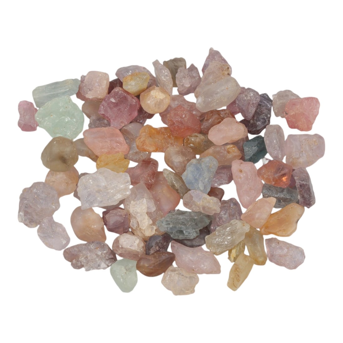 119.30 Carats Natural Multicolor Tourmaline Rough Parcel, 32XE: This beautiful parcel of natural tourmaline rough showcases a dreamy palette of pastel hues, including delicate pinks, lavender, mint greens, soft blues, and warm peaches. The stones are in their natu