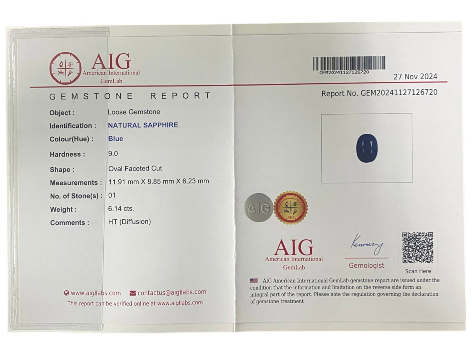 6.14 Carats Certified Deep Blue Sapphire - Natural Ceylon Gemstone, LZ109: This 6.14 carat oval faceted sapphire captivates with a deep, saturated blue hue that evokes the calm intensity of a twilight ocean. The well-proportioned oval cut enhances the stone's natural brillia