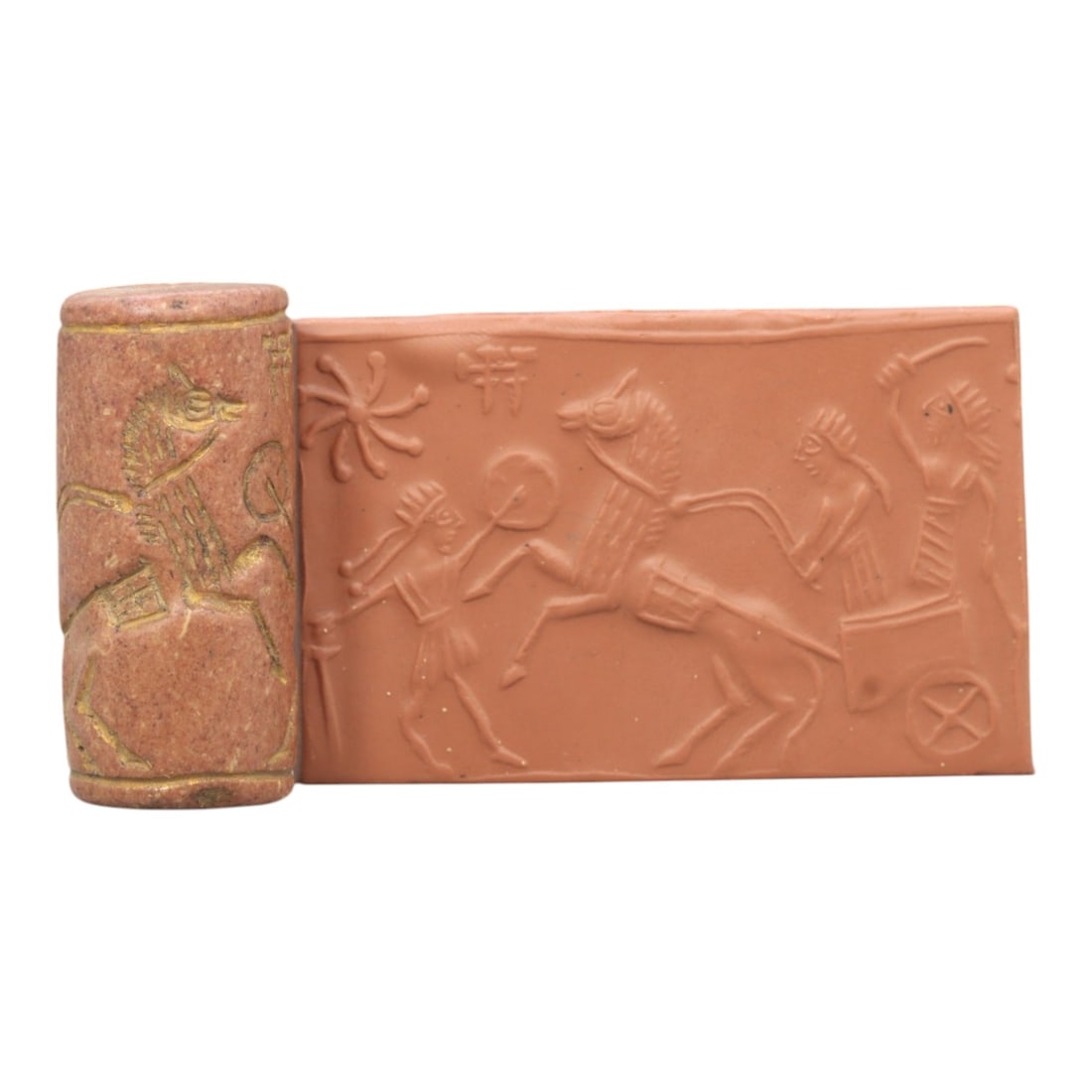 Ancient Steatite Cylinder Seal - Mesopotamian Chariot Combat Scene, 95ZR: Carved from dense steatite, this ancient Mesopotamian cylinder seal features a dynamic linear relief composition of a chariot and warrior figures in combat, executed in the characteristic glyptic styl