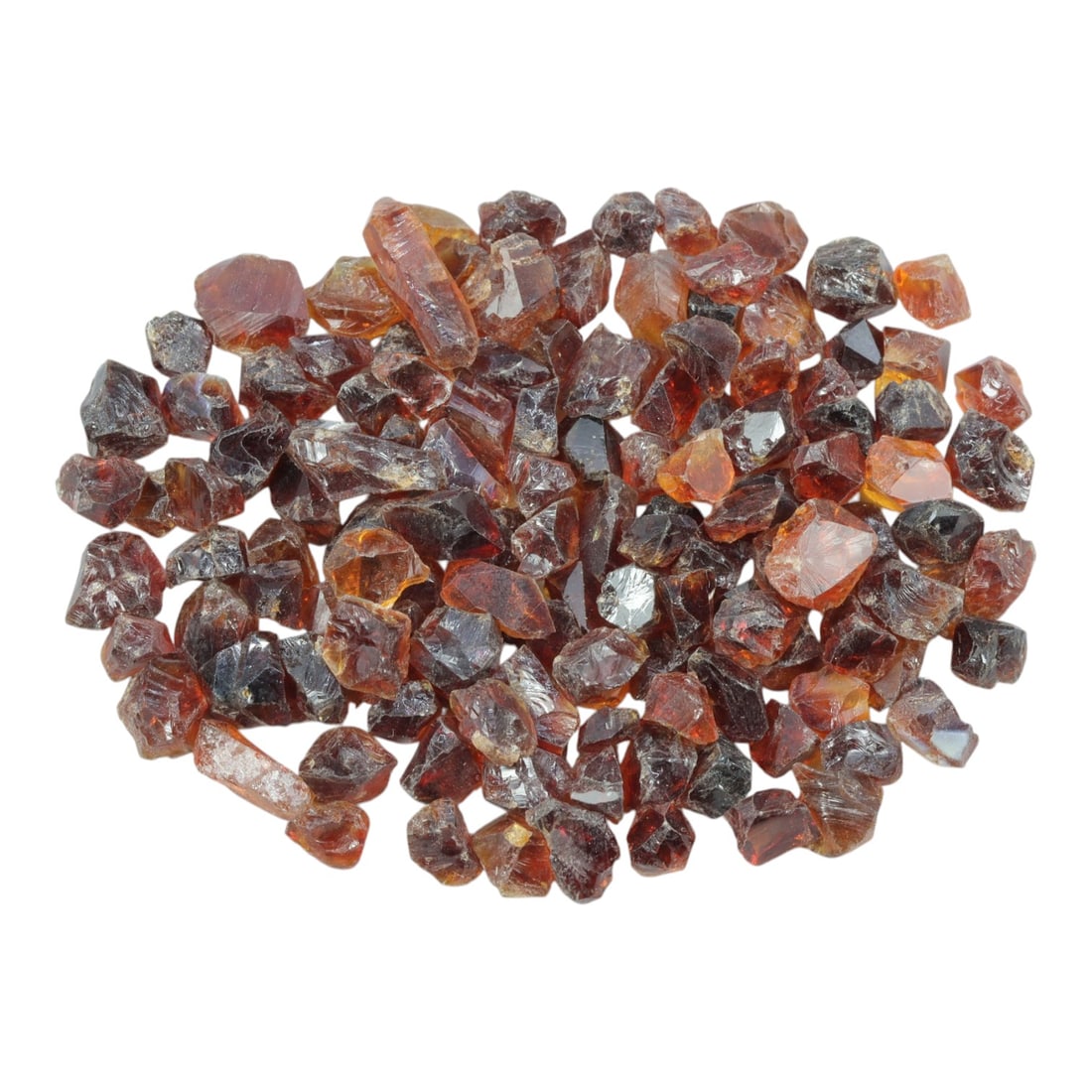 124.68 Carats Natural Garnet Rough Parcel, 39XE: This substantial parcel of natural garnet rough showcases a rich, warm spectrum of hues, from deep reddish-brown and burgundy to vibrant amber and honey-orange tones. The stones are in their raw, crys