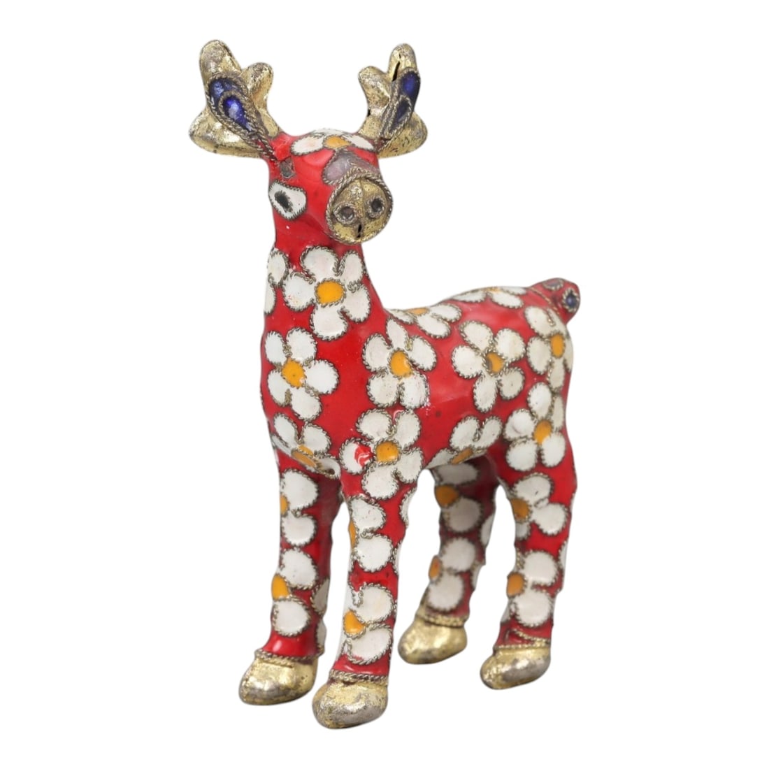 A Chinese Cloisonne Enamel Deer Effigy, 20th Century, 99FG: Constructed from a copper alloy body and decorated with cloisonne enamel, the figure is formed as a standing deer with the head raised and slender legs evenly spaced to support the body. Fine metal wi