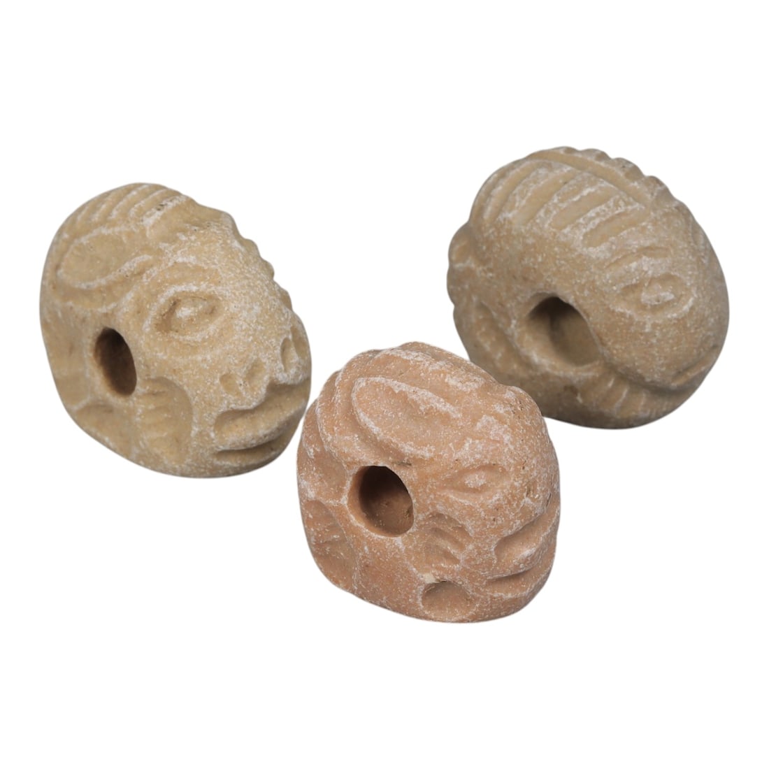 Lot of 3 Sasanian Stone Zoomorphic Stamp Seals, Circa 3rd-7th Century CE, 9AG: Comprising three seals carved from light beige and pale pink stone, with natural surface patina and minor wear consistent with age. Each seal is of rounded, zoomorphic form depicting animal heads, lik