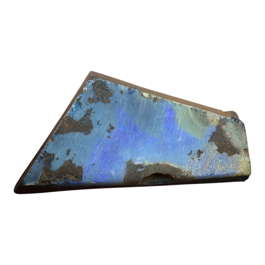 59.14 Carats Winton Boulder Opal Rough Specimen - Natural Queensland Origin, LZ88: This impressive Winton boulder opal rough is a striking example of Australian opal's dramatic natural beauty. The substantial ironstone matrix forms a rugged, earthy base, with a broad, polished face 