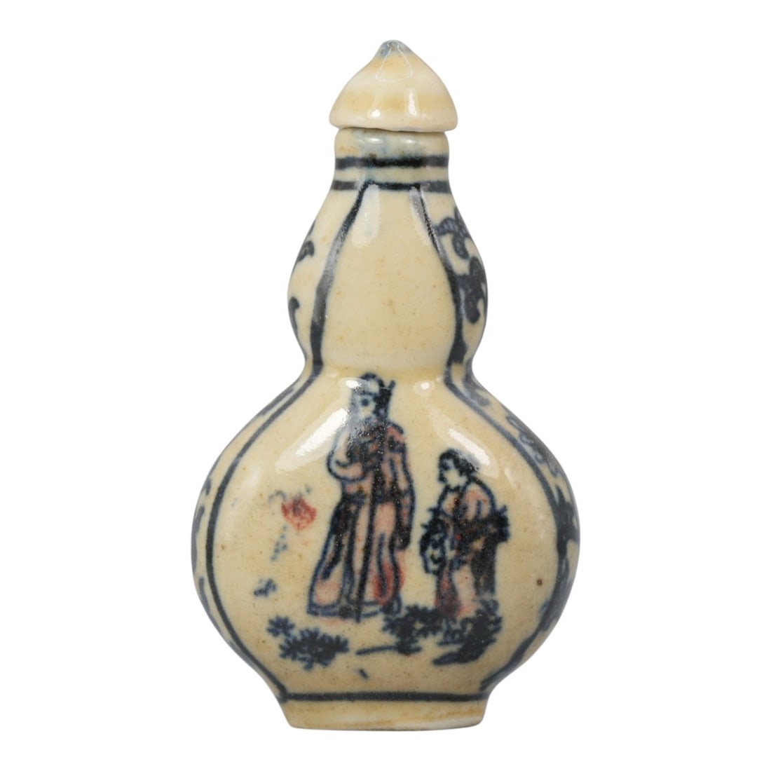 A Chinese Porcelain Double-Gourd Snuff Bottle, 20th Century, 4YD: Crafted from porcelain with a pale cream glaze and decorated in underglaze blue with copper red accents, the snuff bottle is formed in a double-gourd shape, with a narrow upper bulb, a wider lower bul