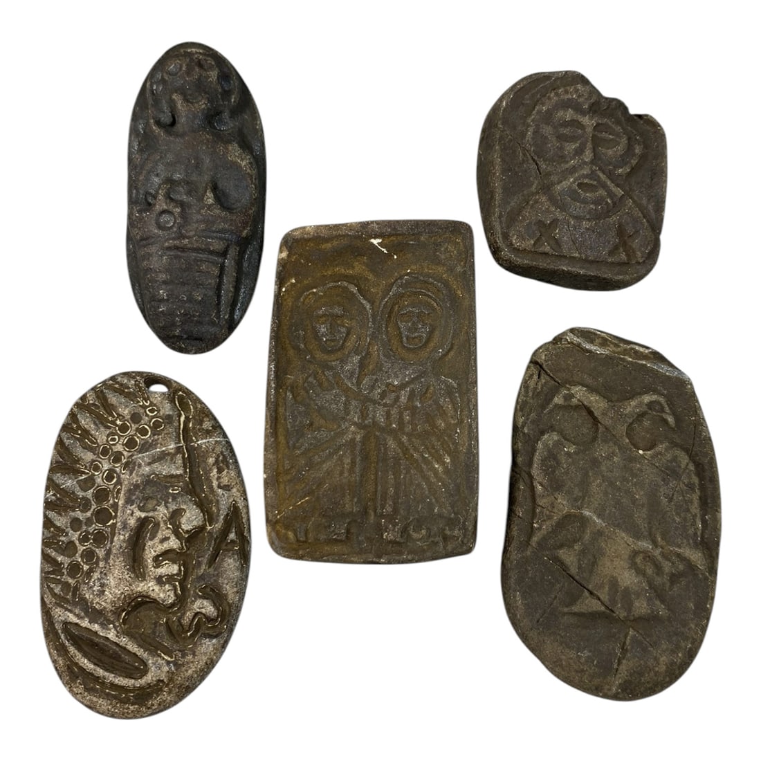 Lot of 5 Ancient Christian Stone Amulet Plaques, 75AG: A collection of five hand-carved stone plaques attributed to the early Christian or medieval period, likely from the Mediterranean region. Crafted from weathered dark stone with earthy patination and 