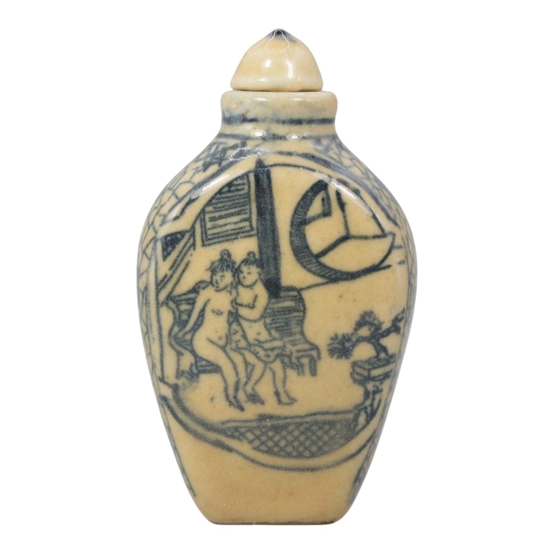 A Chinese Porcelain Snuff Bottle, 20th Century, 11YD: Crafted from porcelain with a pale cream glaze and decorated in underglaze blue, the snuff bottle features a rounded, slightly tapering body, a short cylindrical neck, and a domed stopper. The main su
