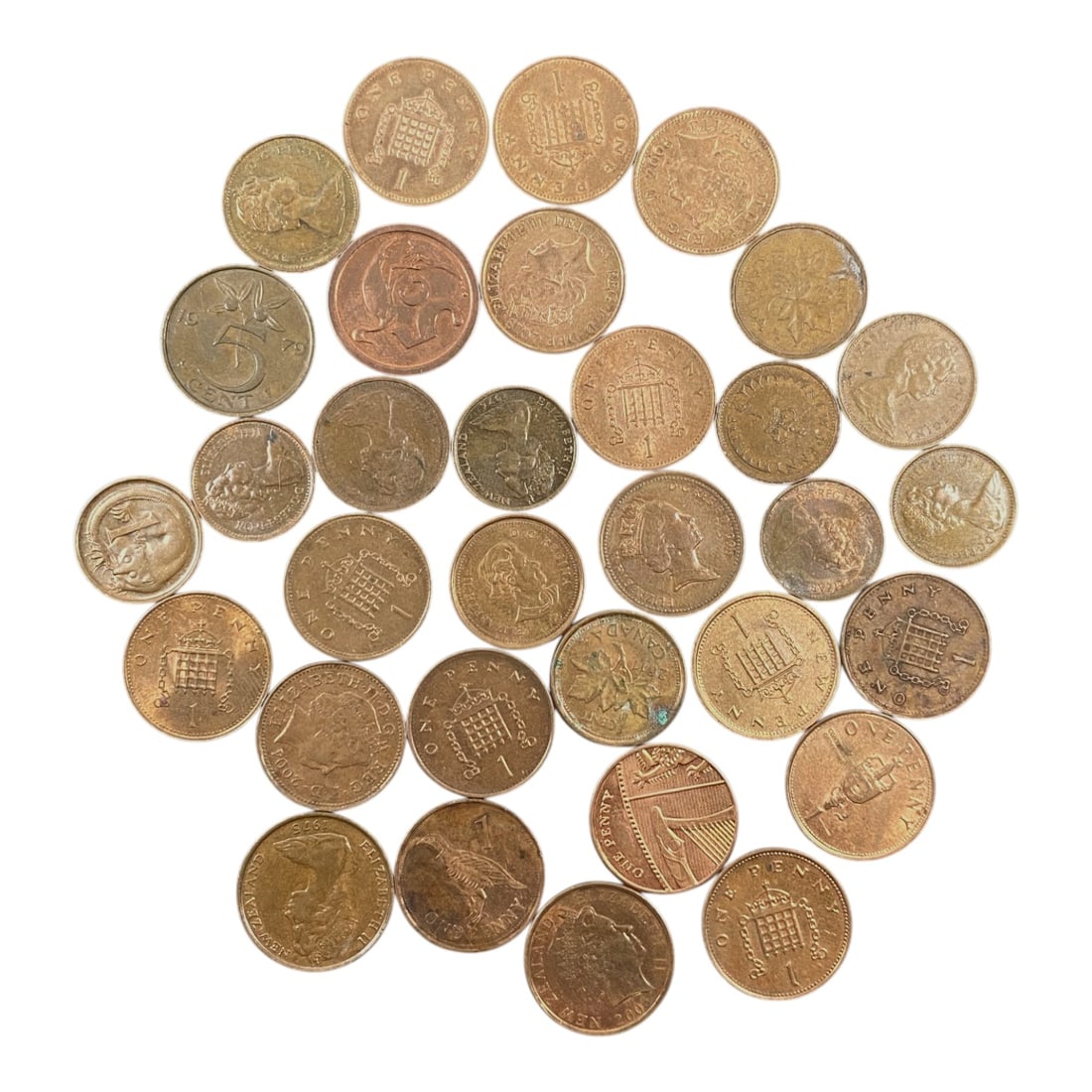 BRITISH REALM: Commonwealth Heritage - Penny & Decimal Coin Bulk Lot, 22V: This curated lot of British and Commonwealth copper coins spans the late 20th century, anchored by the iconic Queen Elizabeth II portrait. The collection features UK pennies with the portcullis motif,