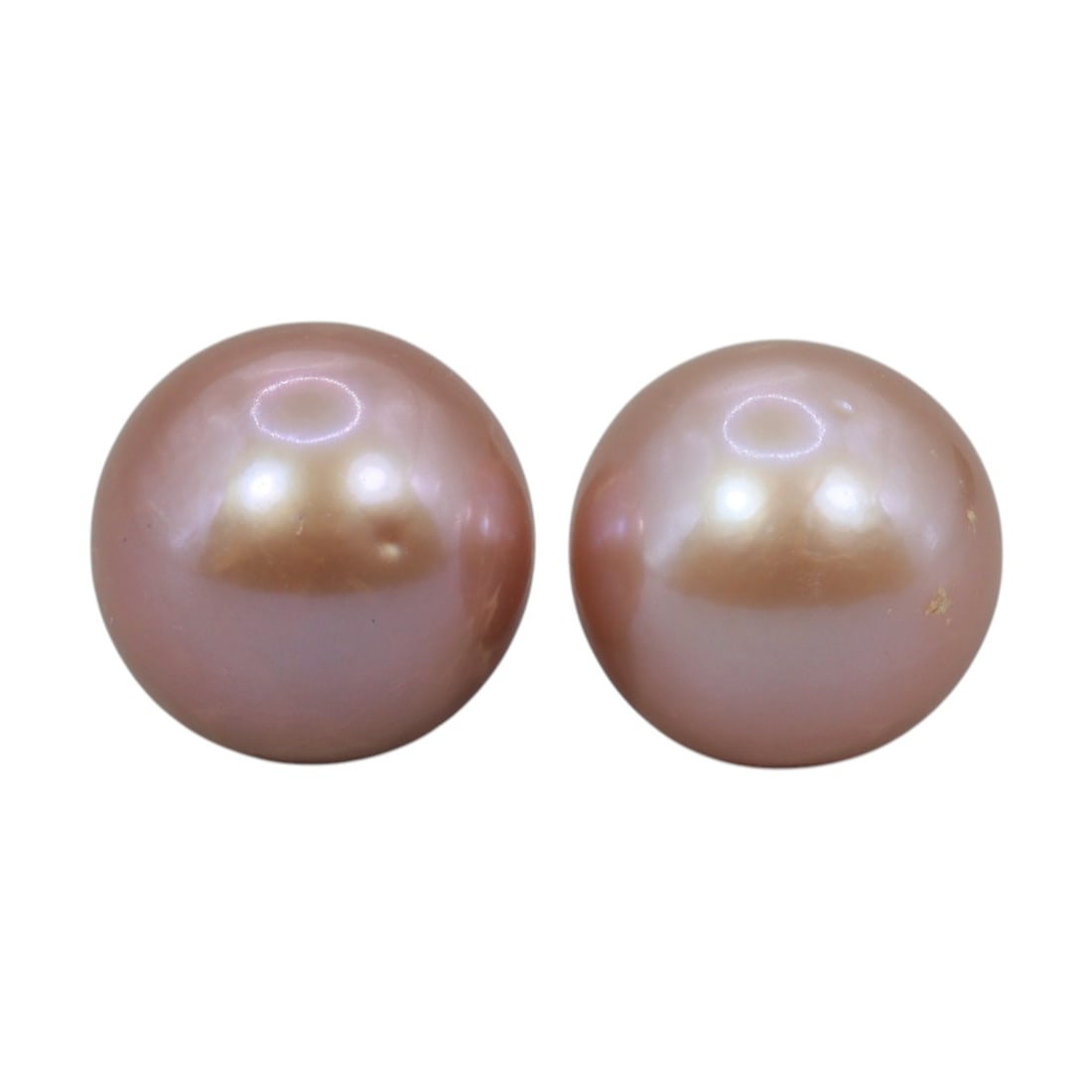 Freshwater Pearl Pair - Natural Pearl Pink Round Gemstones 11.7mm, 34XA: A matched pair of natural freshwater pearls, exhibiting a soft pinkish-peach hue with fine, even luster and subtle orient. The pearls are near-spherical, with smooth nacre and minor natural surface ma