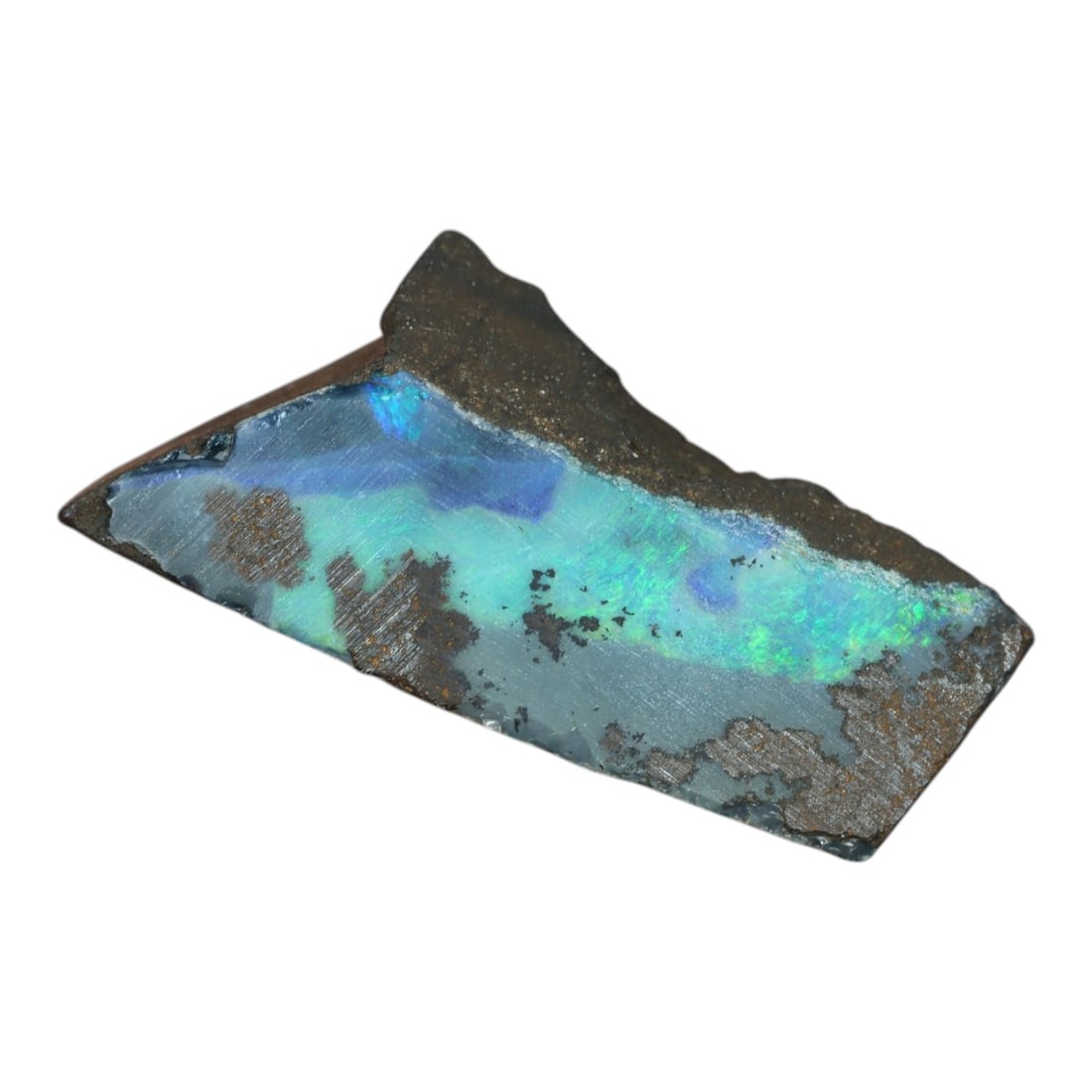 11.62 Carats Iridescent Blue-Green Winton Opal Rough - Natural Australian Specimen 22x10mm, 90XM: This exceptional rough opal from Winton, Australia, captivates with a vivid play of color, where intense flashes of electric green and deep celestial blue swirl through a milky, translucent base. The 